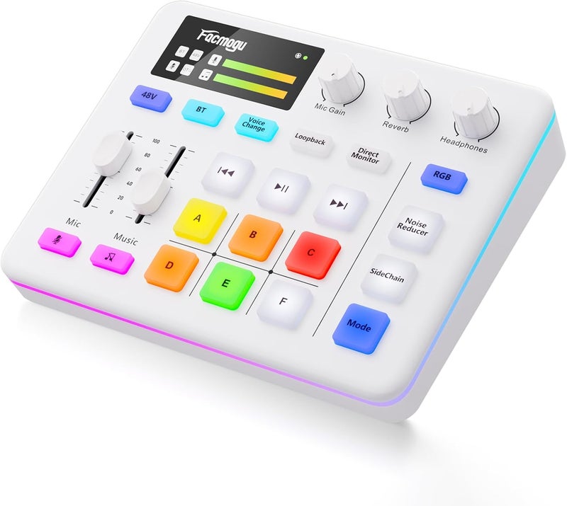 Facmogu خلاط صوت G9، خلاط RGB للبث المباشر مع واجهة ميكروفون XLR، مفتاح التحكم في الصوت، زر كتم الصوت، طاقة فانتوم 48 فولت، معدات بودكاست لوح الصوت للبث المباشر، تسجيل البودكاست - أبيض - Image 1